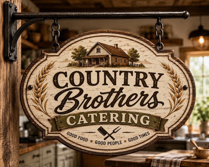 Country Brothers Catering hand-painted sign hanging in a farmhouse kitchen