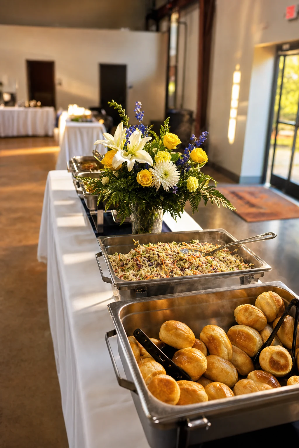 A catered buffet spread of sliced beef, green beans and potatoes at an event