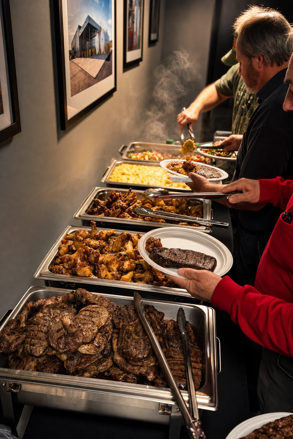 Guests serving themselves from a catered buffet of barbecue and sides