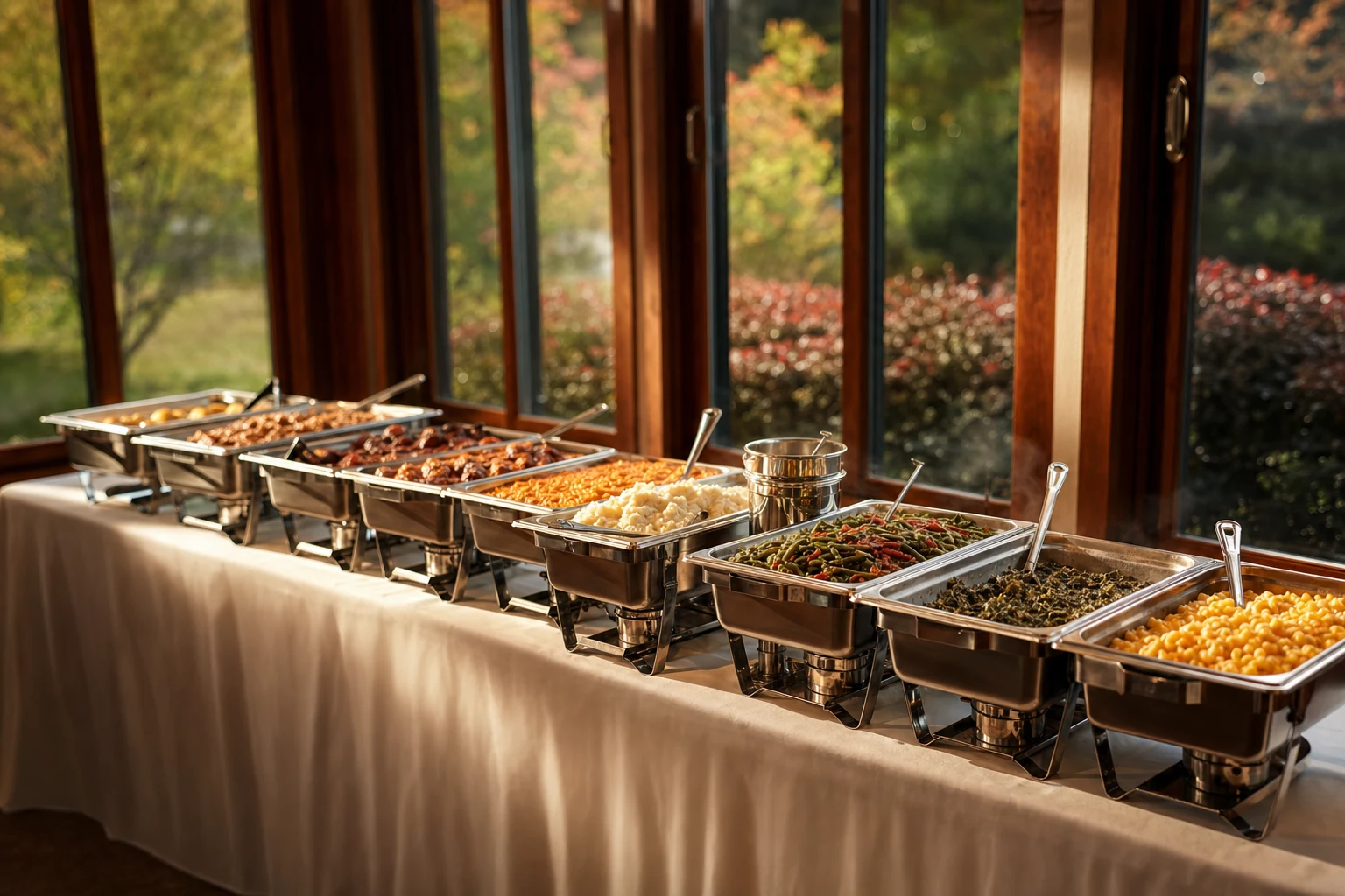 A long catered buffet of Southern sides by sunlit windows