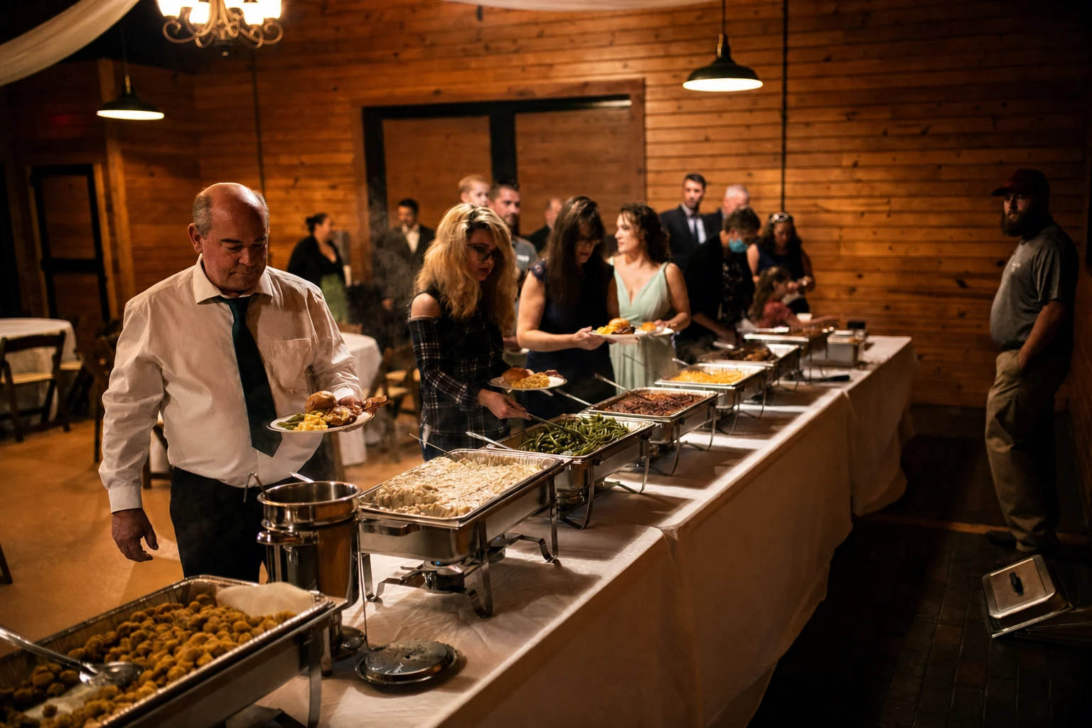 Guests serving themselves at a rustic wood-paneled wedding buffet