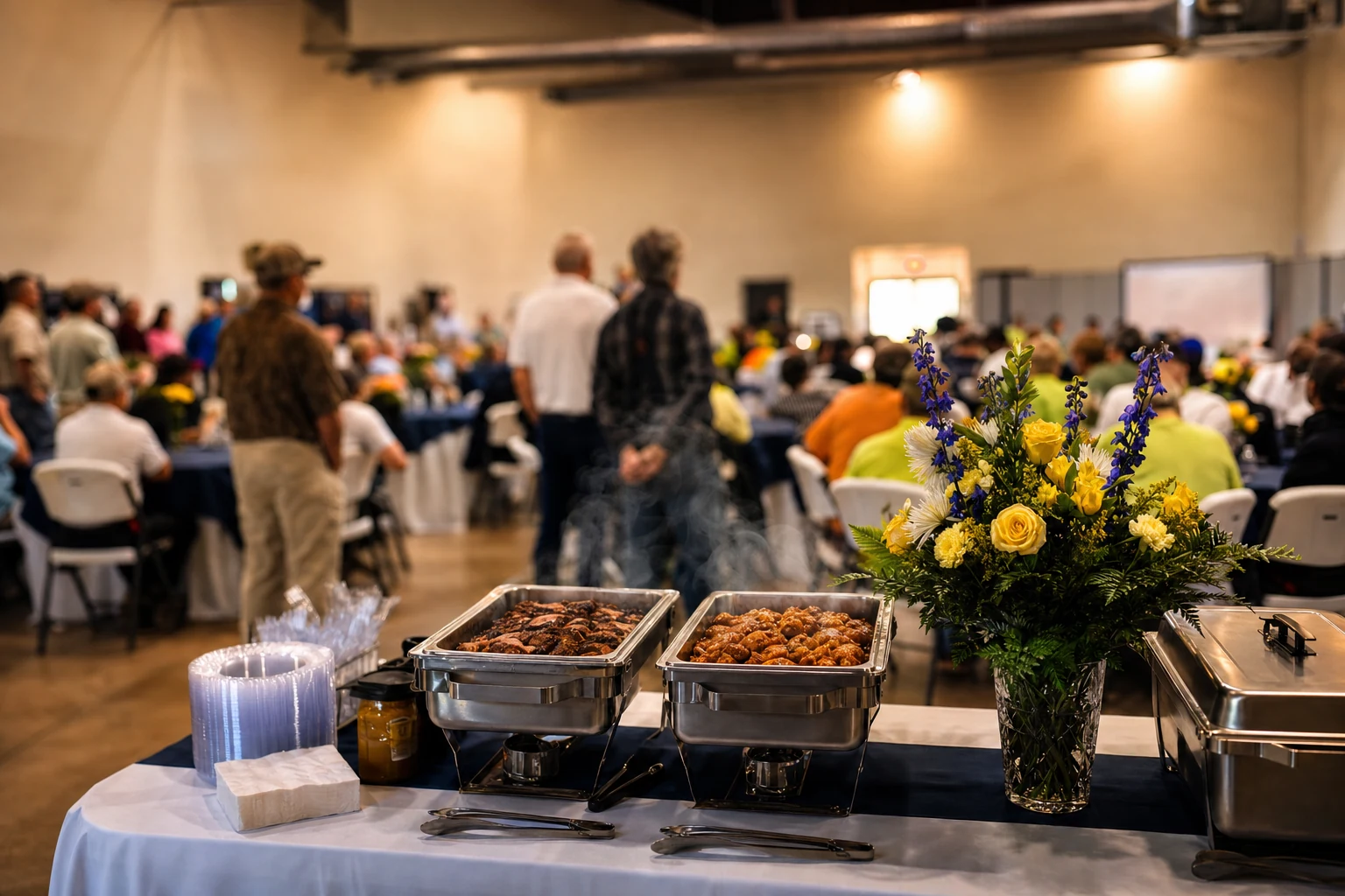 Catered buffet of barbecue and sides at a packed event hall