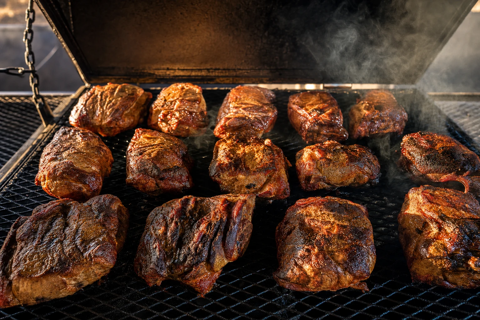 Smoked pork shoulders with rising smoke on the grill