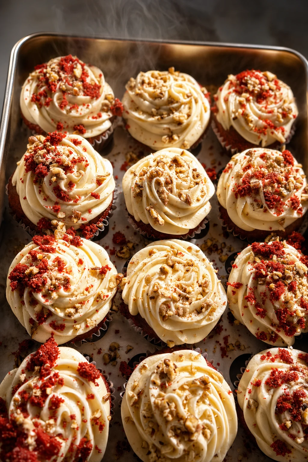 Red velvet cupcakes with cream cheese frosting and pecans