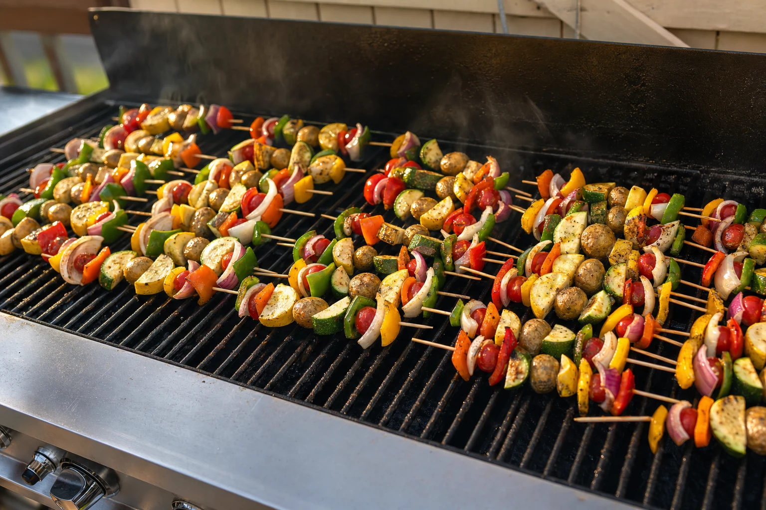 Colorful grilled vegetable skewers on the grill