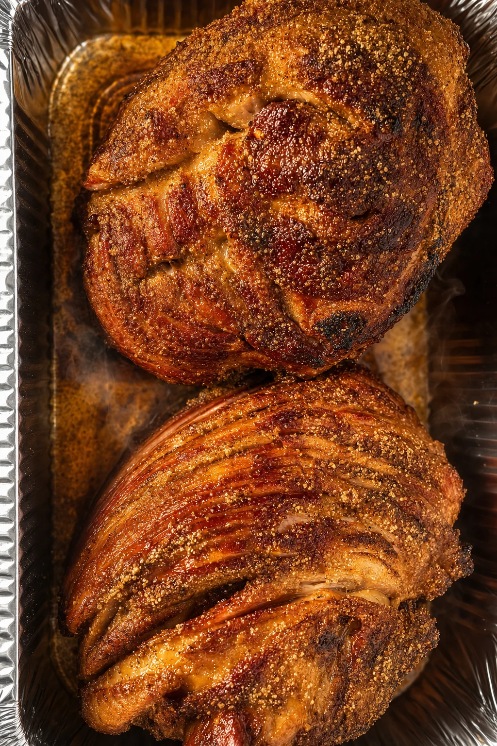 Two whole seasoned pork roasts fresh from the smoker