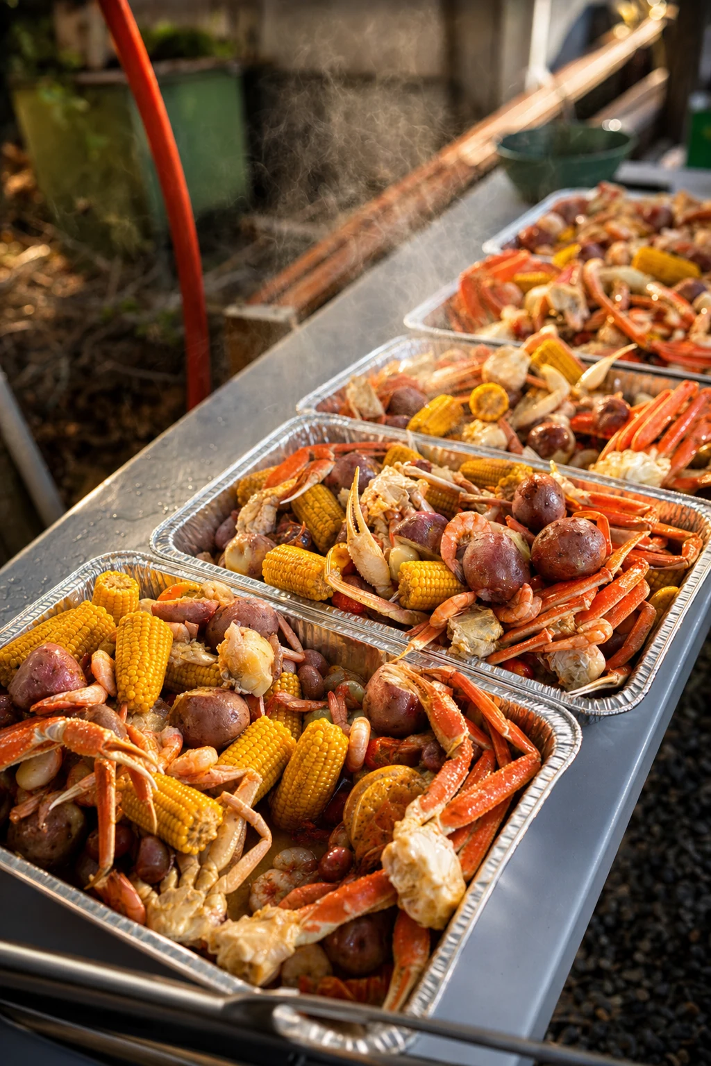 Lowcountry seafood boil with crab legs, shrimp, corn and red potatoes