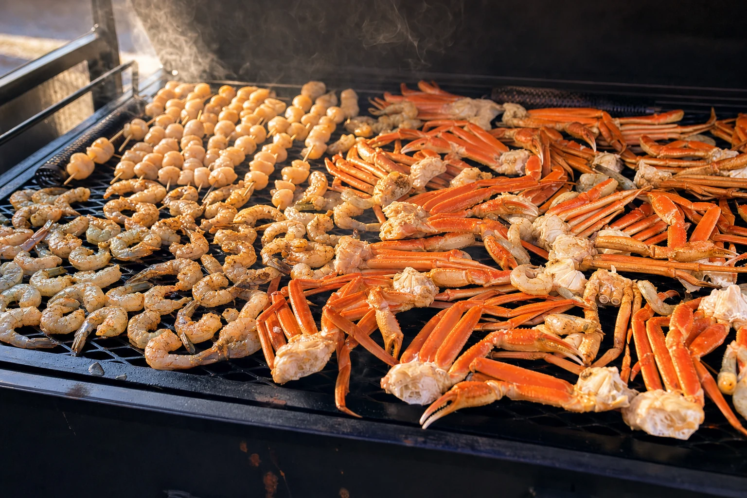 Snow crab legs and shrimp on the flat-top grill