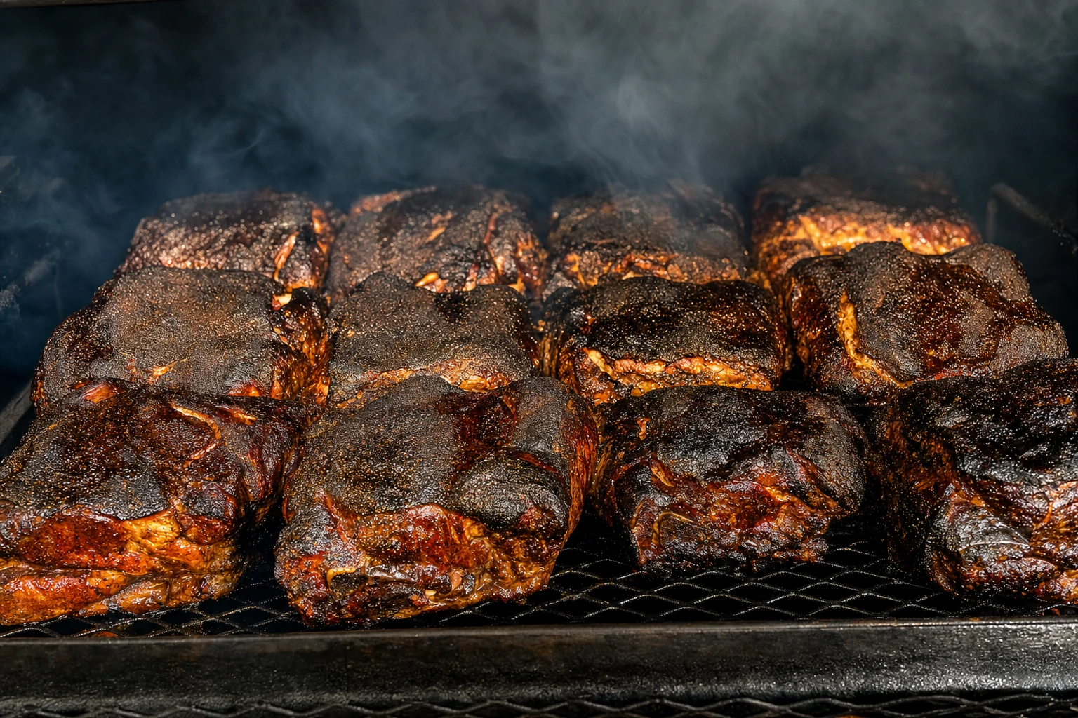 Smoked Boston butts with deep bark resting on the smoker