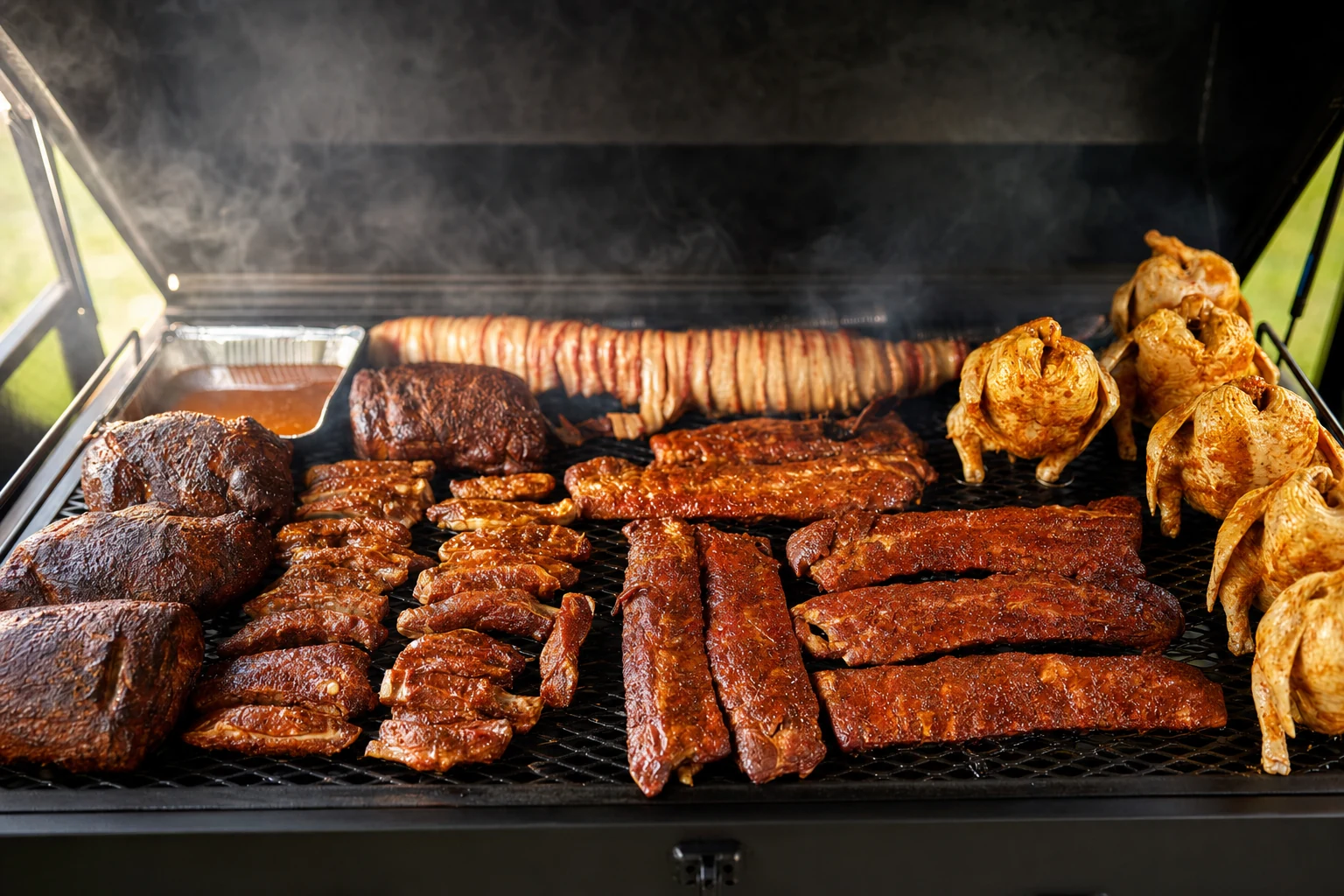 Racks of ribs and sausage smoking low and slow